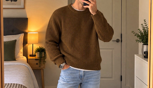 Brown waffle knit - knit, crew